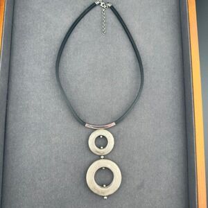 Sterling Silver 925 Hammered Double Circle Pendant Black Rubber Cord Necklace